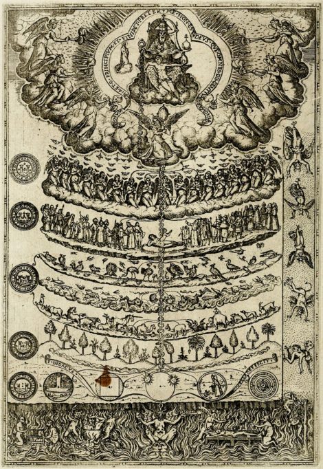 The great chain of being as printed 1579 in Rhetorica christiana by Franciscan missionary Didacus Valades (Diego de Valadés). As opposed to Ramon Llully's version the scale appears as a chain of a god-given order. 