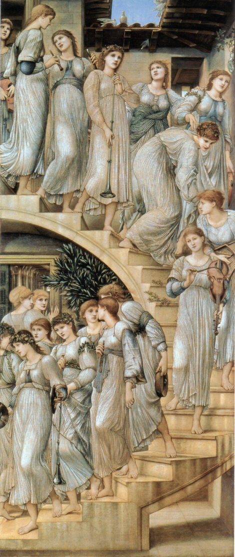  "The Golden Stairs" from 1880, one of the best-known paintings by the Pre-Raphaelite artist Edward Burne-Jones. The painting features Florence Farr and her friend, May Morris, alongside other of Burne-Jones' favorite models at the time, such as his daughter, Margaret. The painting depicts the women as dreaming musicians, a role Florence will get closer to in her acting career.