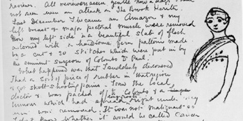 Florence's letter to Yeats, from 1917, in which she told him of her masectomy on her left breast, which made her an Amazon, and drew a picture of her scar for him. 
