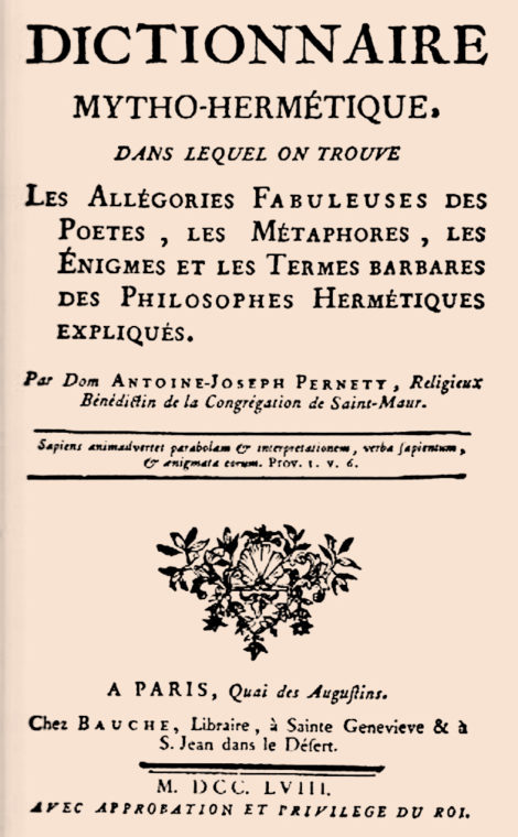 Dictionnaire mytho-hermétique Dom Pernety from 1758