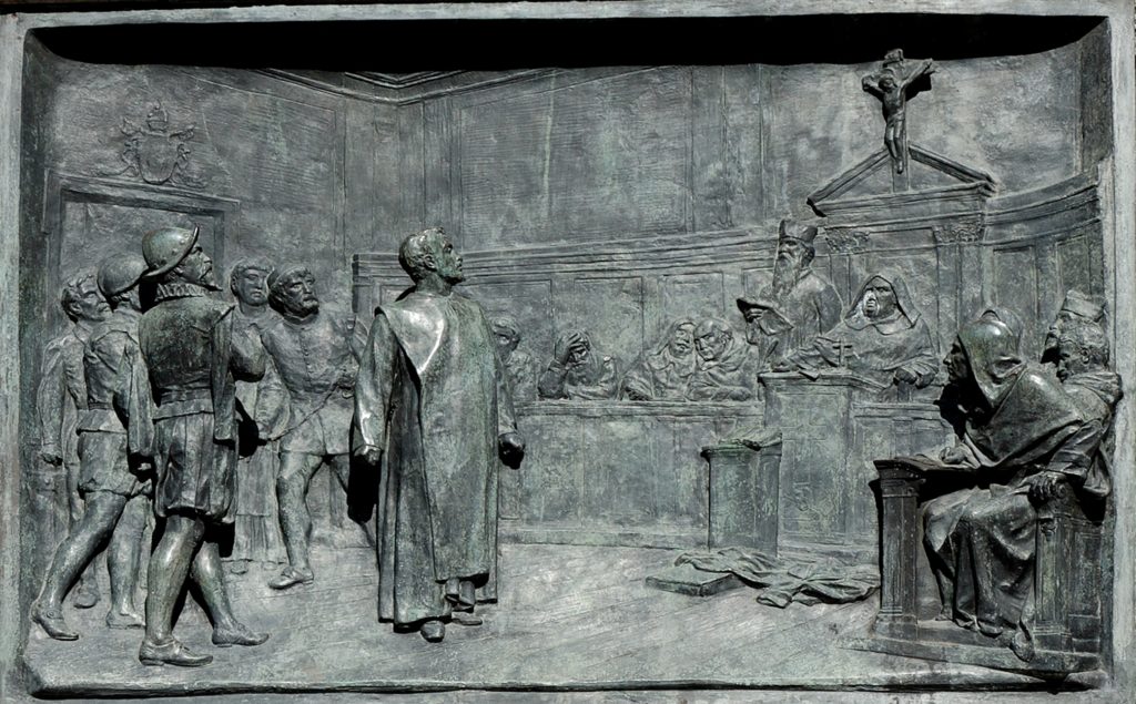 Relief on the "campo dei fiori" in Rome in remembrance of Giordano Bruno's trial by the inquisition 