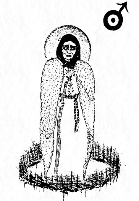 Baba Dochia with Martisor and Mars Symbol - Black White Drawing by Crowhag - Radiana Pit