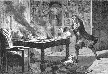 Engraving from France, 1874 showing Newton's laboratory on fire and burning his documents. Sir Isaac Newton tries to save the papers, while dog Diamond is also in the picture.