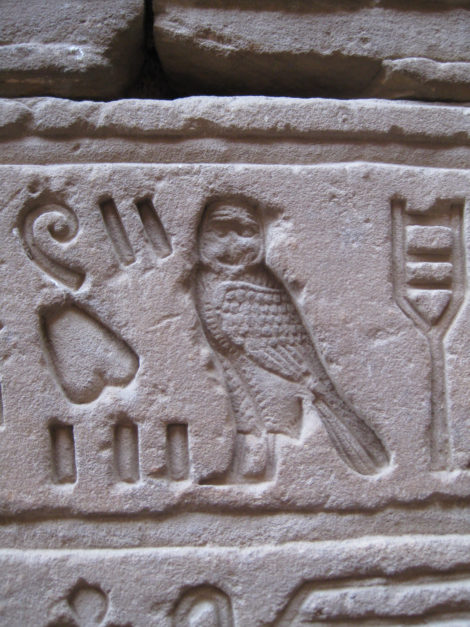 Owl hieroglyph at the Temple of Edfu in Egypt. Stone. 
