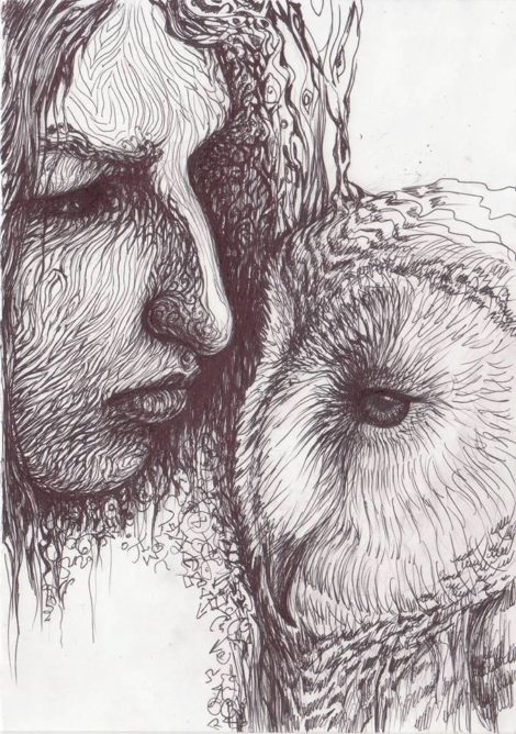 close up of female portrait and owl - black and white drawing