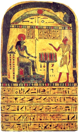 The original of the Stele of the Revelation, today numbered Cairo A 9422. At Crowley;s time numbered Bulaq 666. It shows the stele owner Ankh-ef-en-Khonsu before Ra-Horakhty ("Ra, who is Horus of the Two Horizons"), the winged sun, Hadit (or Egyptian: Behedeti) and Nuit. Color. 